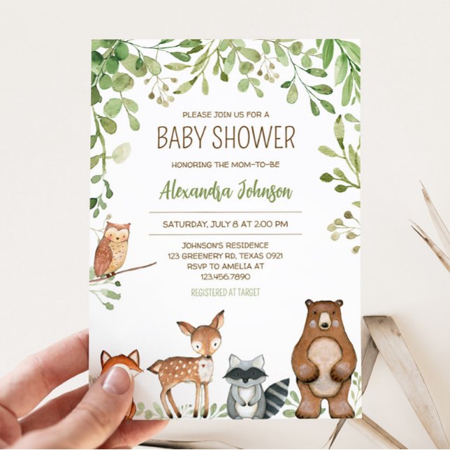 Invitation Baby shower forestier verdoyant (Forest Animals Baby Shower Invitation)