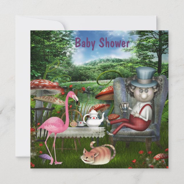 Invitation Baby shower fou de thé de chapelier du pays des (Devant)
