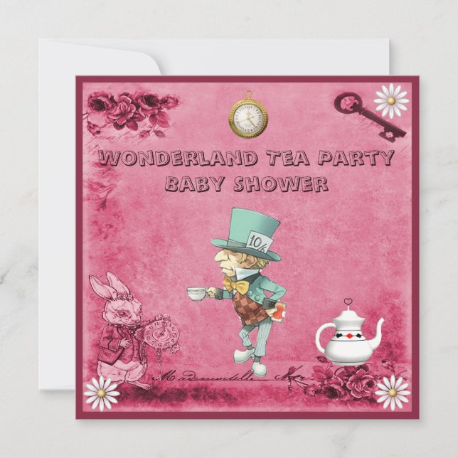 Invitation Baby shower fou rose de thé du pays des merveilles (Devant)