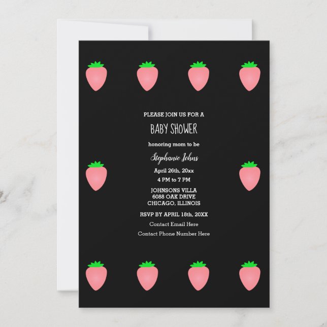 Invitation Baby shower fraise bébé fille rose noir 2024 (Devant)