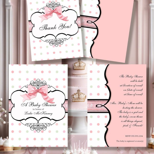 Invitation baby shower - French Bow Dot Swirl vs2 (Créateur téléchargé)