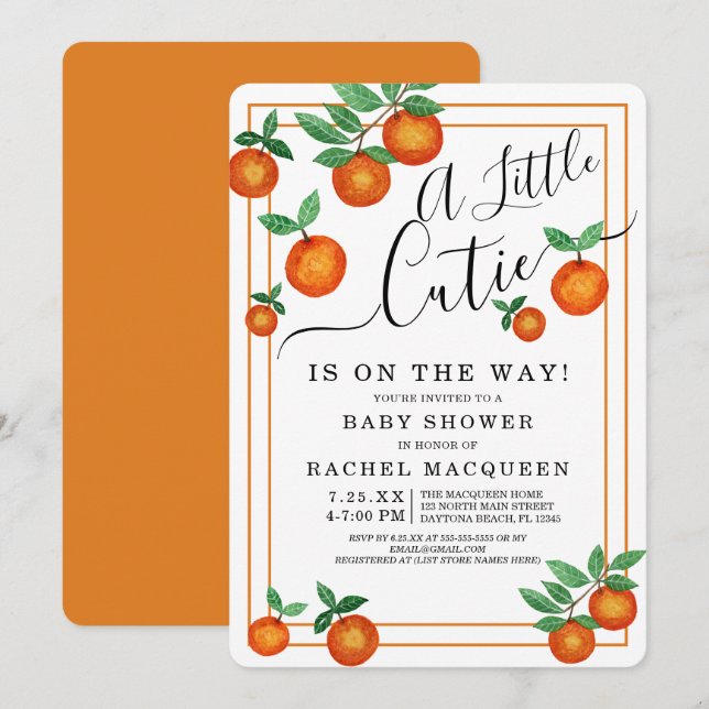 Invitation Baby shower Frontal Little Cutie Oranges Fruit (Devant / Derrière)