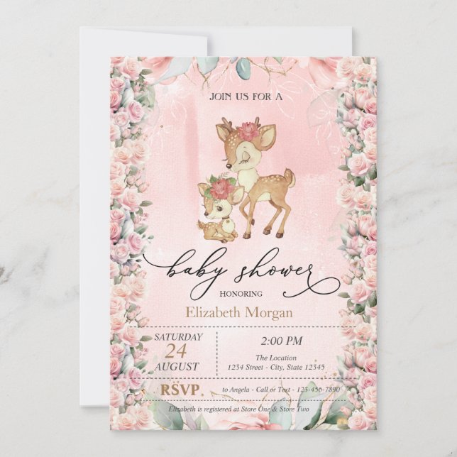 Invitation Baby shower frontalier Rose mignon de cerfs de béb (Devant)