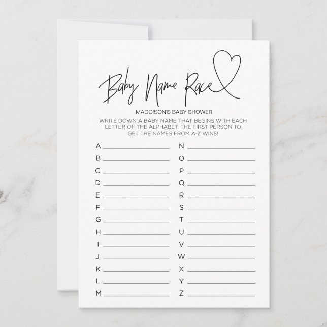 Invitation Baby shower Game Baby Name Race Card (Devant)