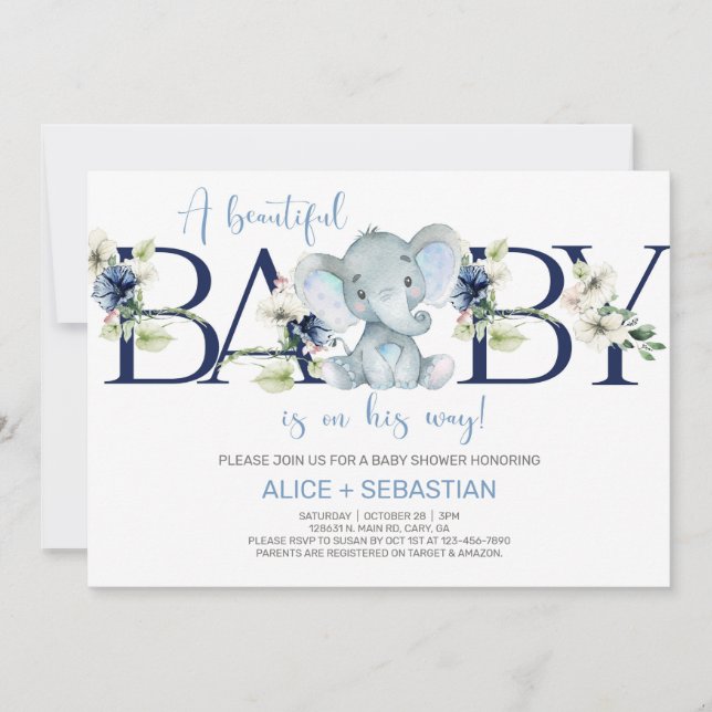 Invitation baby shower garçon à fleurs bleu élépha (Devant)