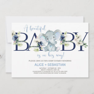 Invitation baby shower garçon à fleurs bleu élépha