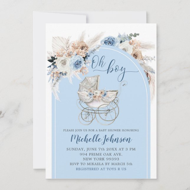 Invitation Baby shower garçon à poussette Floral Boho bleu (Devant)