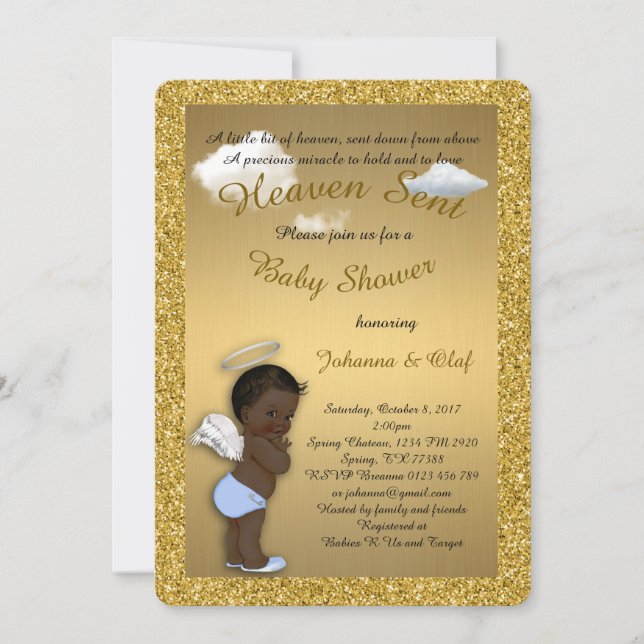 Invitation Baby shower garçon, Afro-américain, Bébé ange, Or (Devant)