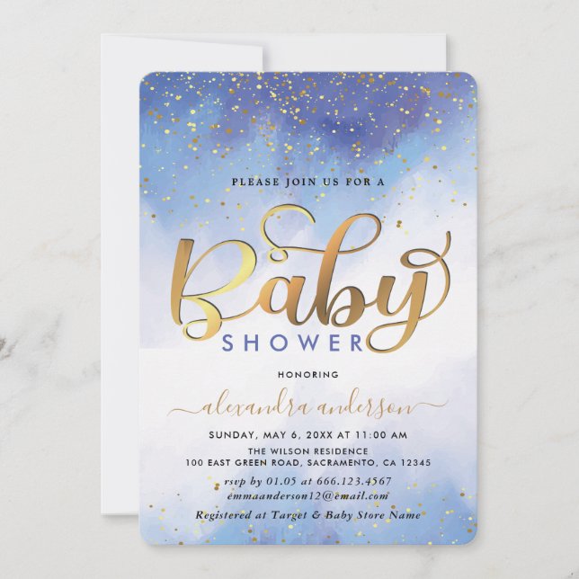 Invitation Baby shower Garçon Aquarelle Bleu Et Or (Devant)