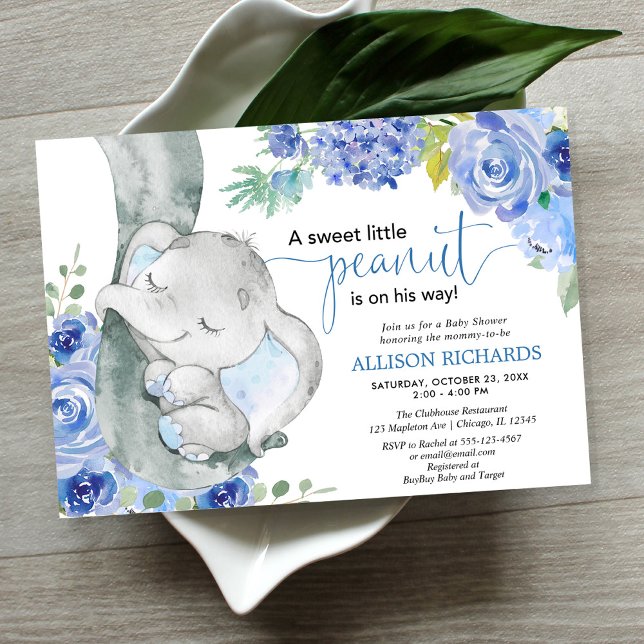 Invitation Baby shower garçon, aquarelle bleu fleurie d'éléph (Créateur téléchargé)