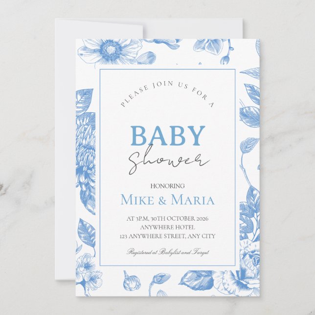 Invitation baby shower garçon arc floral (Devant)