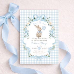 Invitation Baby shower garçon au lapin à nœud papillon bleu v