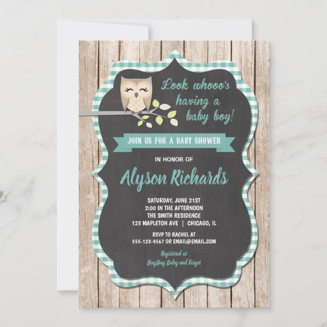 Invitation Baby shower garçon, baby shower hibou (Devant)