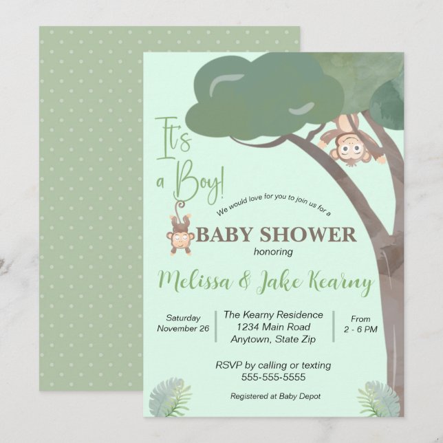 INVITATION BABY SHOWER GARÇON, BABY SHOWER MONKEY (Devant / Derrière)