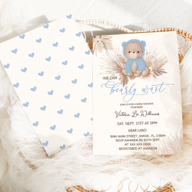 Invitation Baby shower Garçon Bear Blue Boho Pampas (Créateur téléchargé)