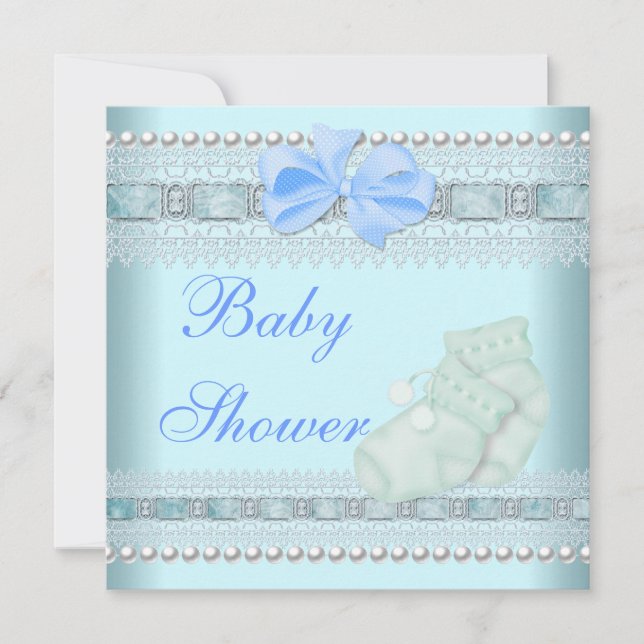 Invitation Baby shower Garçon Bébé Bleu Booties Pearl Lace (Devant)