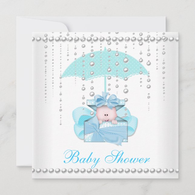 Invitation Baby shower Garçon Bébé Bleu Parapluie Pearl Blanc (Devant)