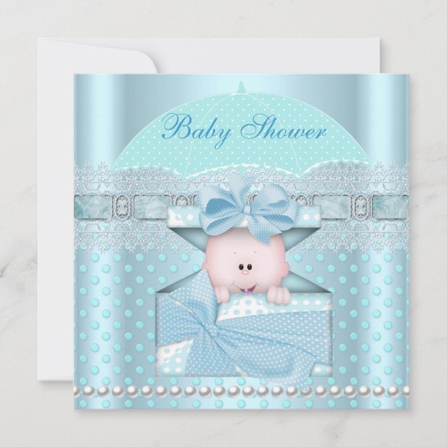 Invitation Baby shower Garçon Bébé Bleu Turquoise Parapluie S (Devant)