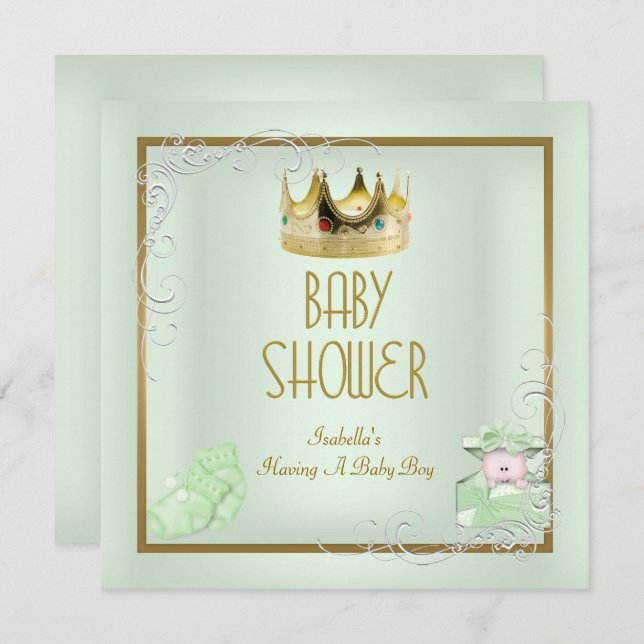Invitation Baby shower Garçon Bébé Couronne Prince Mint (Devant / Derrière)