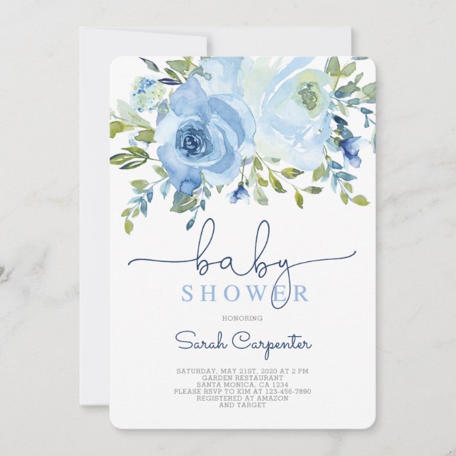 Invitation Baby shower garçon, bleu aquarelle fleuri garçon (Devant)