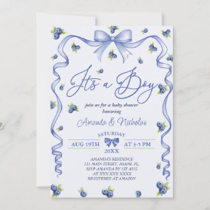 Invitation Baby Shower Garçon Bleu Baies Bleues