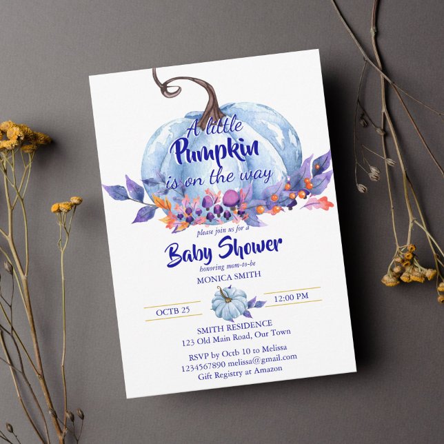 Invitation Baby shower garçon bleu citrouille (Little pumpkin fall baby shower blue pumpkin boys baby shower template invitation instant download)