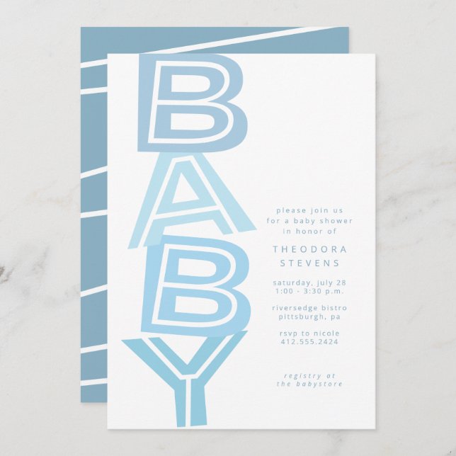 Invitation Baby shower garçon bleu clair et moderne (Devant / Derrière)