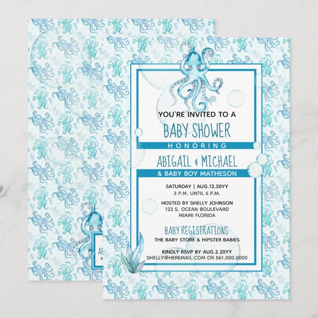 Invitation Baby shower Garçon Bleu et aquarelle Turquoise Oct (Devant / Derrière)