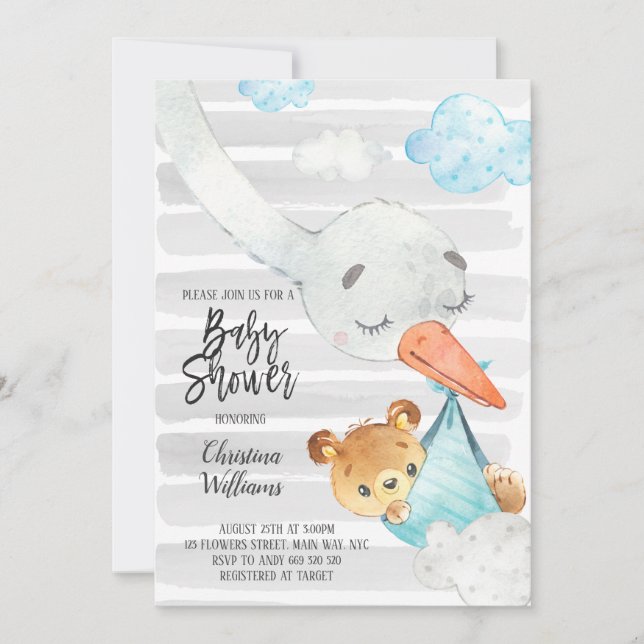 Invitation Baby shower Garçon  Bleu et gris (Devant)