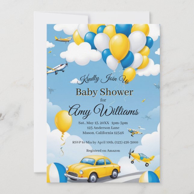 Invitation Baby shower garçon bleu et jaune (Devant)