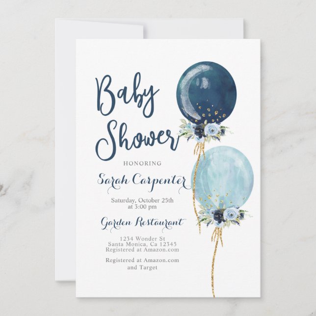 Invitation Baby shower garçon bleu marine ballons (Devant)