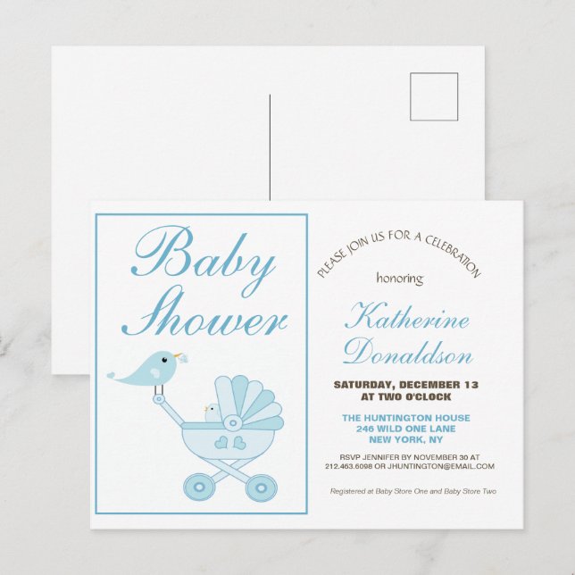 Invitation Baby shower garçon bleu mou (Devant / Derrière)