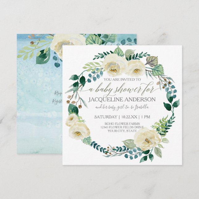 Invitation Baby shower garçon bleu n blanc Roses feuille feui (Devant / Derrière)