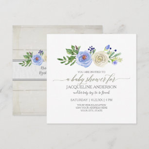 Invitation Baby shower garçon bleu n Roses blanches Bois rust