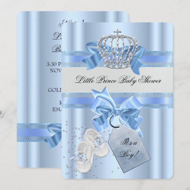 Invitation Baby shower Garçon Bleu Petit Prince Couronne 3a (Devant / Derrière)