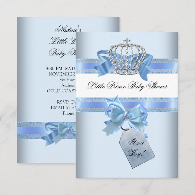 Invitation Baby shower Garçon Bleu Petit Prince Couronne arc  (Devant / Derrière)