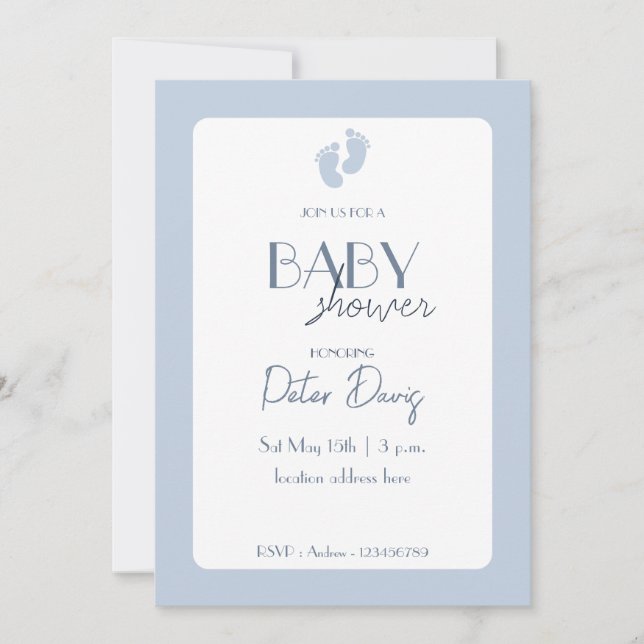 Invitation Baby Shower Garçon Bleu Poussiéreux  (Devant)