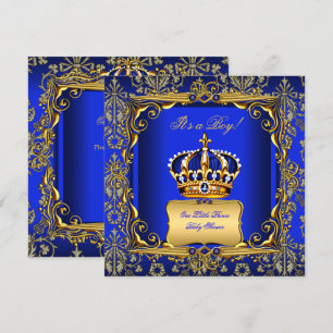 Invitation Baby Shower Garçon Bleu Royal Damassé Couronne Dor