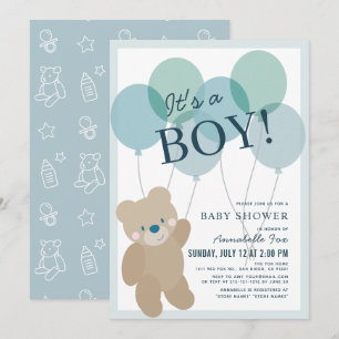 Invitation Baby shower Garçon bleu Teddy Bear Balloon