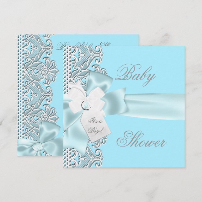 Invitation Baby shower Garçon Bleu Turquoise Gris Blanc dente (Devant / Derrière)