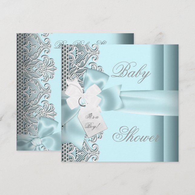 Invitation Baby shower Garçon Bleu Turquoise Gris Blanc dente (Devant / Derrière)