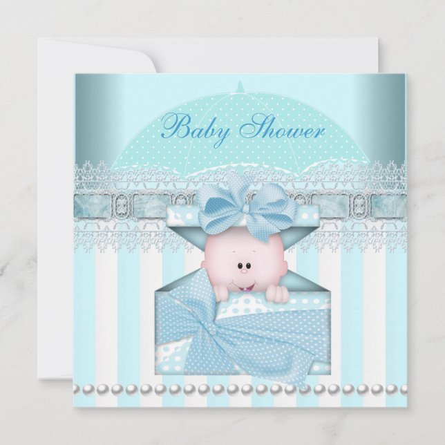 Invitation Baby shower Garçon Bleu Turquoise Parapluie rayé (Devant)
