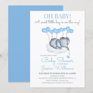 Invitation Baby shower garçon Blue Elephant sur le nuage