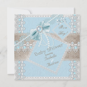 Invitation Baby shower garçon Blue Pearl Bow Lace Vintage 2
