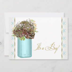 Invitation Baby Shower Garçon Bocal Mason Fleur Hydrangea Vin