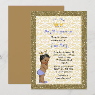 Invitation Baby shower GARÇON, cadre doré, blanc et or.