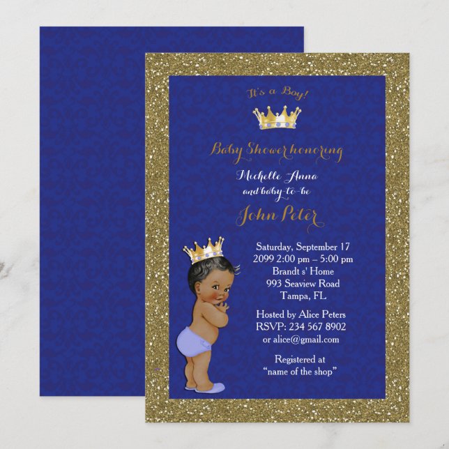 Invitation Baby shower GARÇON, cadre doré, bleu & or. (Devant / Derrière)