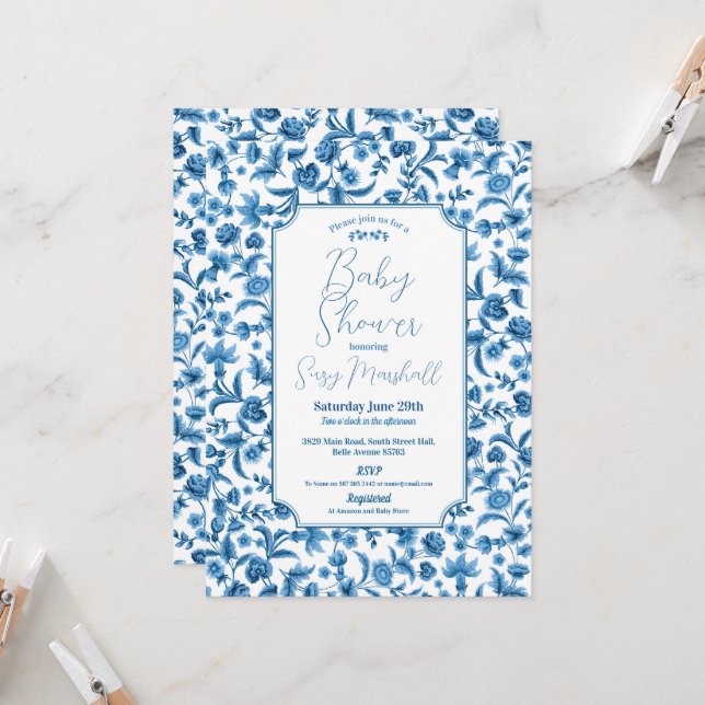 Invitation Baby Shower Garçon Chintz Bleu & Blanc Floral Dits (Devant/Arrière en situation)