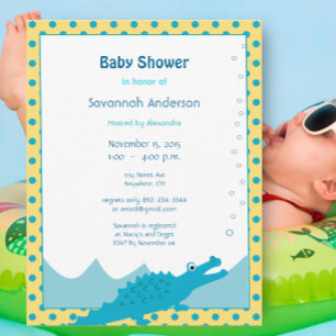 Invitation Baby Shower Garçon Crocodile Bleu et Jaune