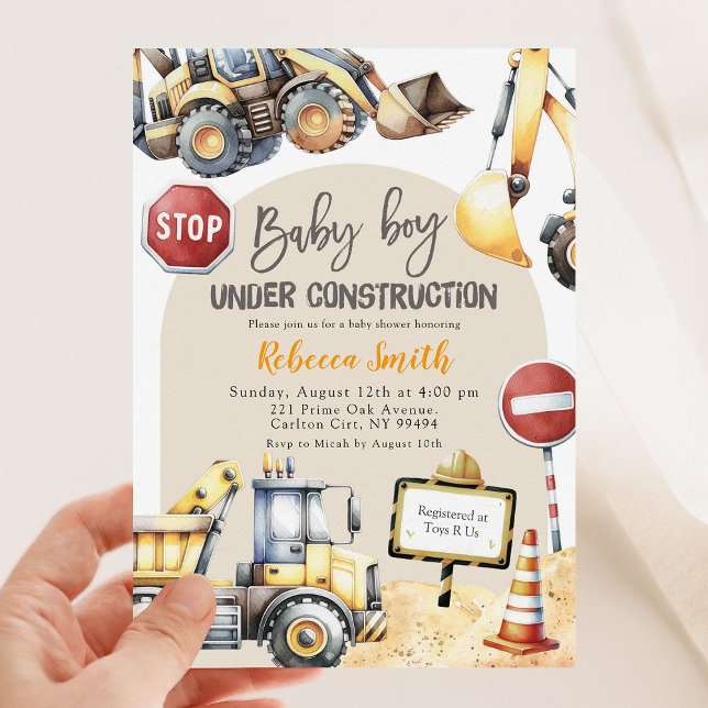 Invitation Baby shower Garçon de construction Jaune moderne (Créateur téléchargé)